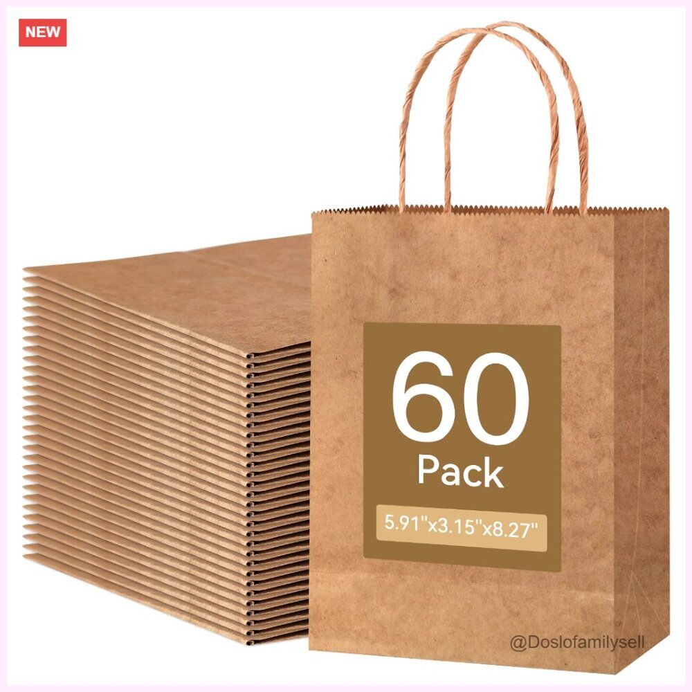 Kraft Paper Gift Bags with Handles, 60 Pack, Small Size
